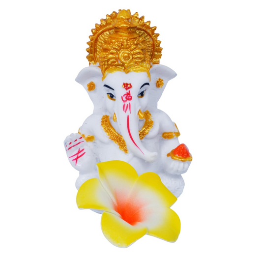 White & Gold Ganesh Idol with Decorative Foam Flower – 3.5 Inch Polyresin Ganesha for Car Dashboard, Home, Office & Housewarming Gift – Auspicious Vastu Decor