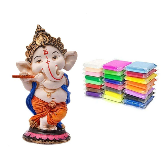Handcrafted Resin Little Ganesha Showpiece with 10 Color Rangoli Packets for Home Office Temple Decor, Spiritual Gift Idol Figurine, 15 cm