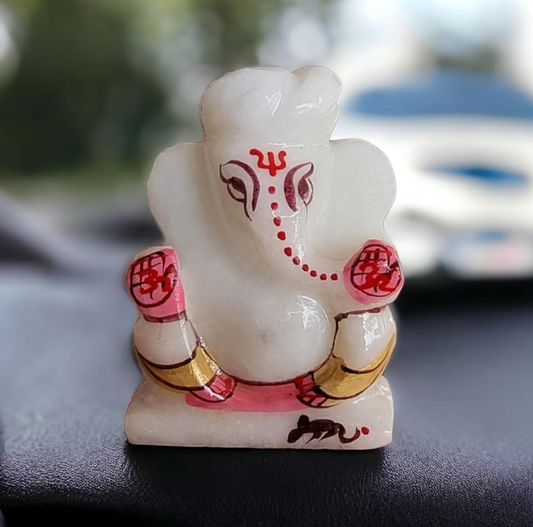 Makrana Marble Ganesha Idol for Car Dashboard | Beautiful Ganesh Murti for Home Temple, Home Main Entrance | Ganpati Figurine Showpiece Sculpture for Office Desk (Marble Ganesh 3 Inch)
