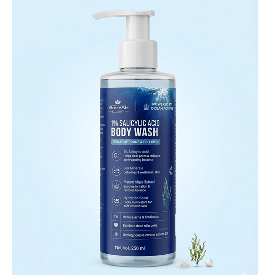 VEE-VAH LUXURY 1% Salicylic Acid Body Wash 250ml | Acne Body Wash for Oily Skin | Exfoliating Body Cleanser for Back Acne & Breakouts | Deep Pore Cleansing with Marine Extracts | Unisex Skincare
