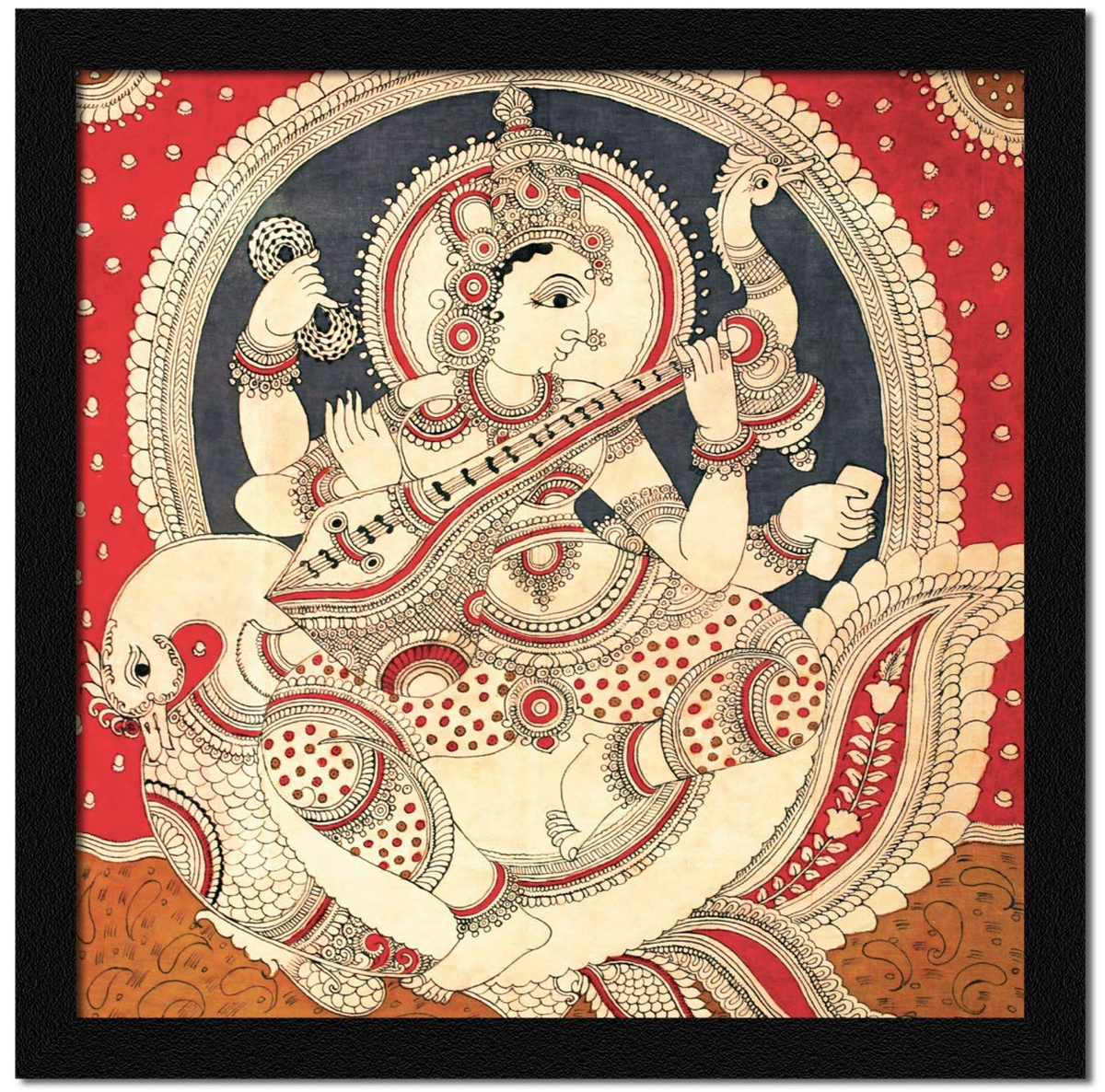 Madhubani Goddess Saraswati Devi Maa Traditional Wall Art Painting, Photo Frame Multicolor, Traditional, 13X13 in, Set of 1