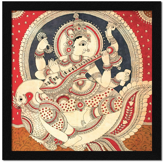 Madhubani Goddess Saraswati Devi Maa Traditional Wall Art Painting, Photo Frame Multicolor, Traditional, 13X13 in, Set of 1
