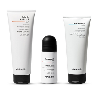 Minimalist Body Care Kit | 2% Salicylic Acid Body Wash + Underarm Roll-On + Niacinamide 5% Body Lotion | Ideal for Body Acne & Bumpy Skin, Hydration & Barrier Repair, Odor & Darkness | For Women & Men