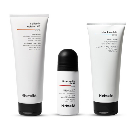 Minimalist Body Care Kit | 2% Salicylic Acid Body Wash + Underarm Roll-On + Niacinamide 5% Body Lotion | Ideal for Body Acne & Bumpy Skin, Hydration & Barrier Repair, Odor & Darkness | For Women & Men