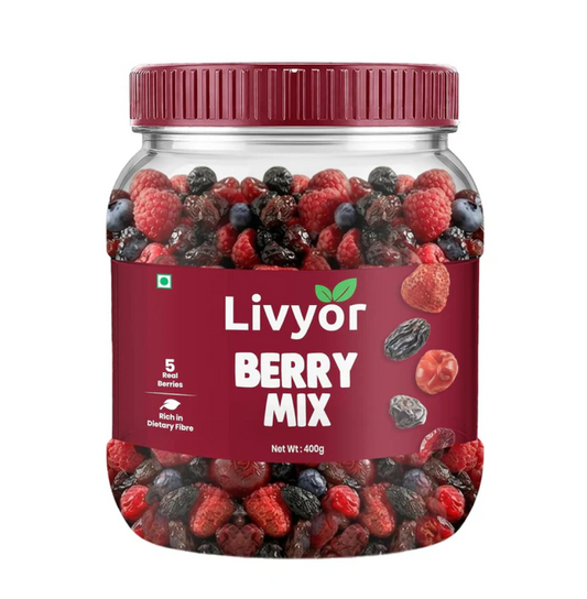 Livyor 5 in 1 Berry Mix for eating - 400 gm | Good Source of Fibre | Dried Cranberries | Black Raisins | Cherries | Blueberries | Strawberries | Berry Blast | Berries dry fruits | Berries fresh | (Pack of 1)