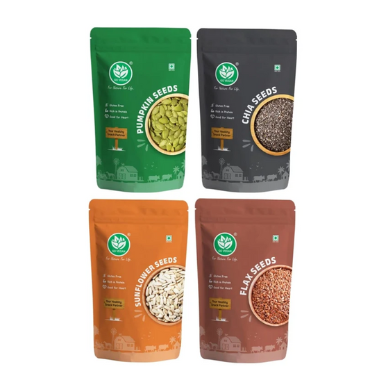 Go Vegan Seeds Combo – Chia, Flax, Sunflower & Pumpkin Seeds -250gm Each | High Fiber & Protein | Plant-Based, Vegan, Keto-Friendly | Resealable Packs – 4 x 250g