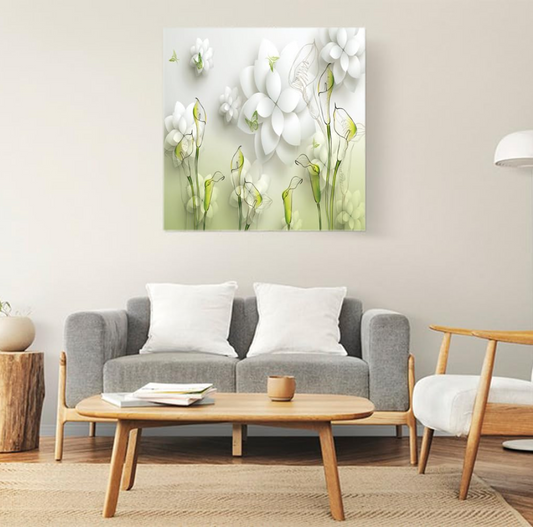 Printed Framed Canvas Painting for Home Decor Office Wall Studio Wall Living Room Decoration (22x22inch Wrapped) - Green & White 3D