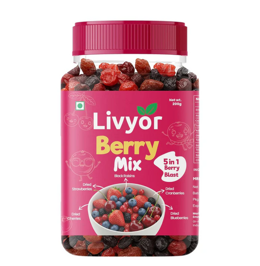 Livyor 5 in 1 Berry Mix for eating - 200g | Good Source of Fibre | Dried Cranberries | Black Raisins | Cherries | Blueberries | Strawberries | Berry Blast | Berries dry fruits | Berries fresh | Pack of 1