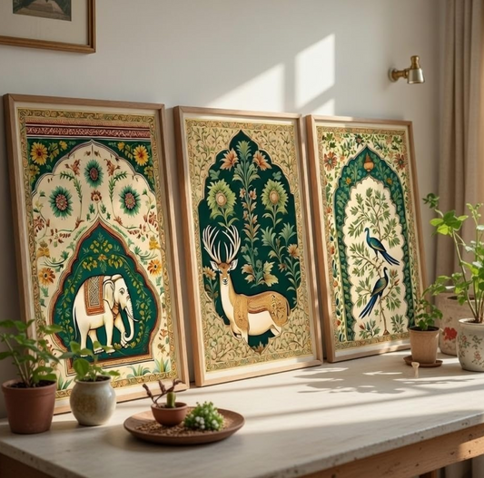 Set of 3 Traditional Mughal Animal Bird Wall Paintings for Living Room Bedroom Home Decor with Premium Wooden Color Synthetic Frame (13.5 x 19.5 Inch) NM03-56