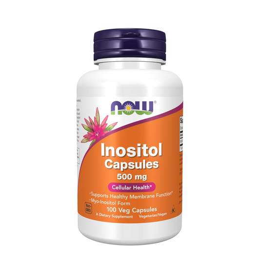 Supplement bottle labeled 'Inositol Capsules 500 mg' by NOW on a white background