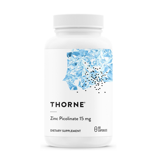 Thorne Zinc Picolinate 15 mg dietary supplement bottle on a white background