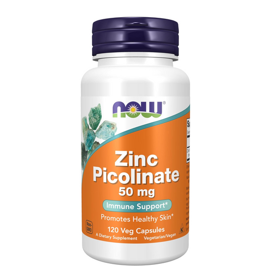 Supplement bottle labeled 'Zinc Picolinate 50 mg' by NOW on a white background