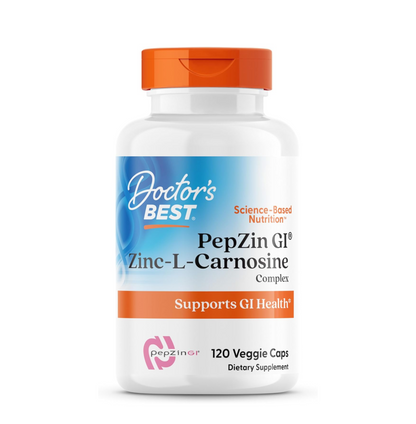Supplement bottle labeled 'Doctor's Best PepZin GL Zinc-L-Carnosine Complex' on a white background