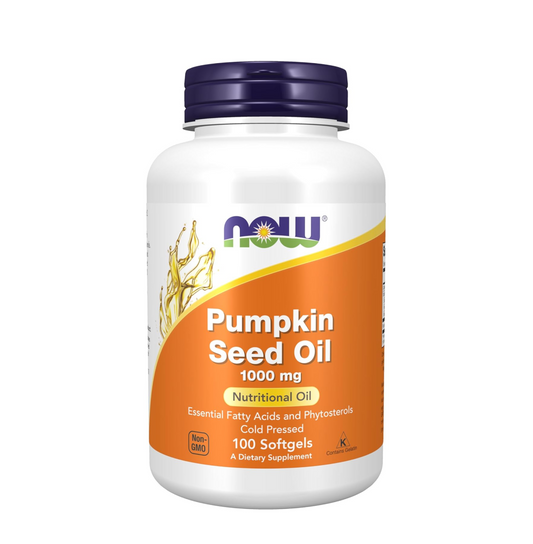 Supplement bottle of pumpkin seed oil with NOW brand on a white background