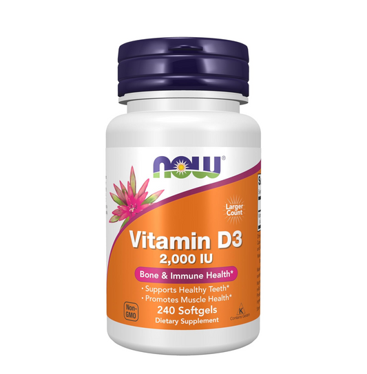 Supplement bottle labeled 'Vitamin D3 2,000 IU' by NOW on a white background