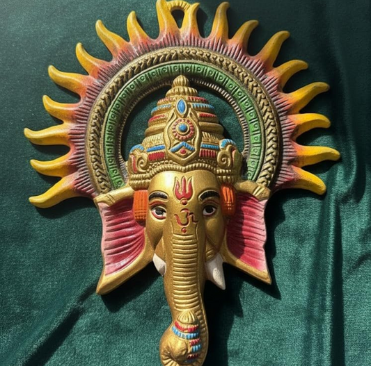Traditional Handcrafted Ganesha Wall Decor, Metal Elephant God Sculpture with Sunburst Design, Gold and Multicolor, Religious Hindu Art
