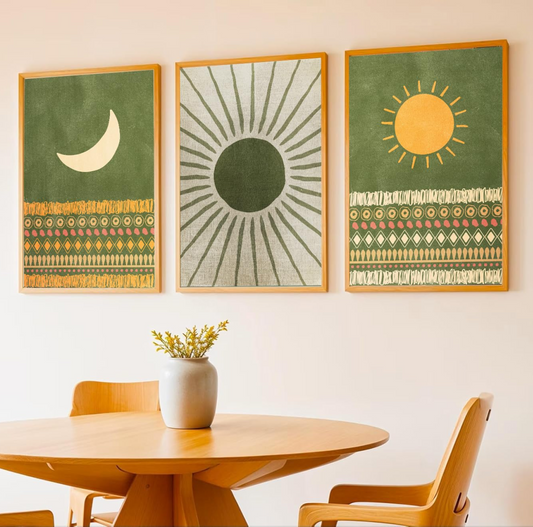 Boho wall Art Paintings Modern Art Framed Wall Painting for Living Room Bedroom - Wall Posters | Paintings with Frame Set of 3 (14x18 Inches) (Sun Moon)
