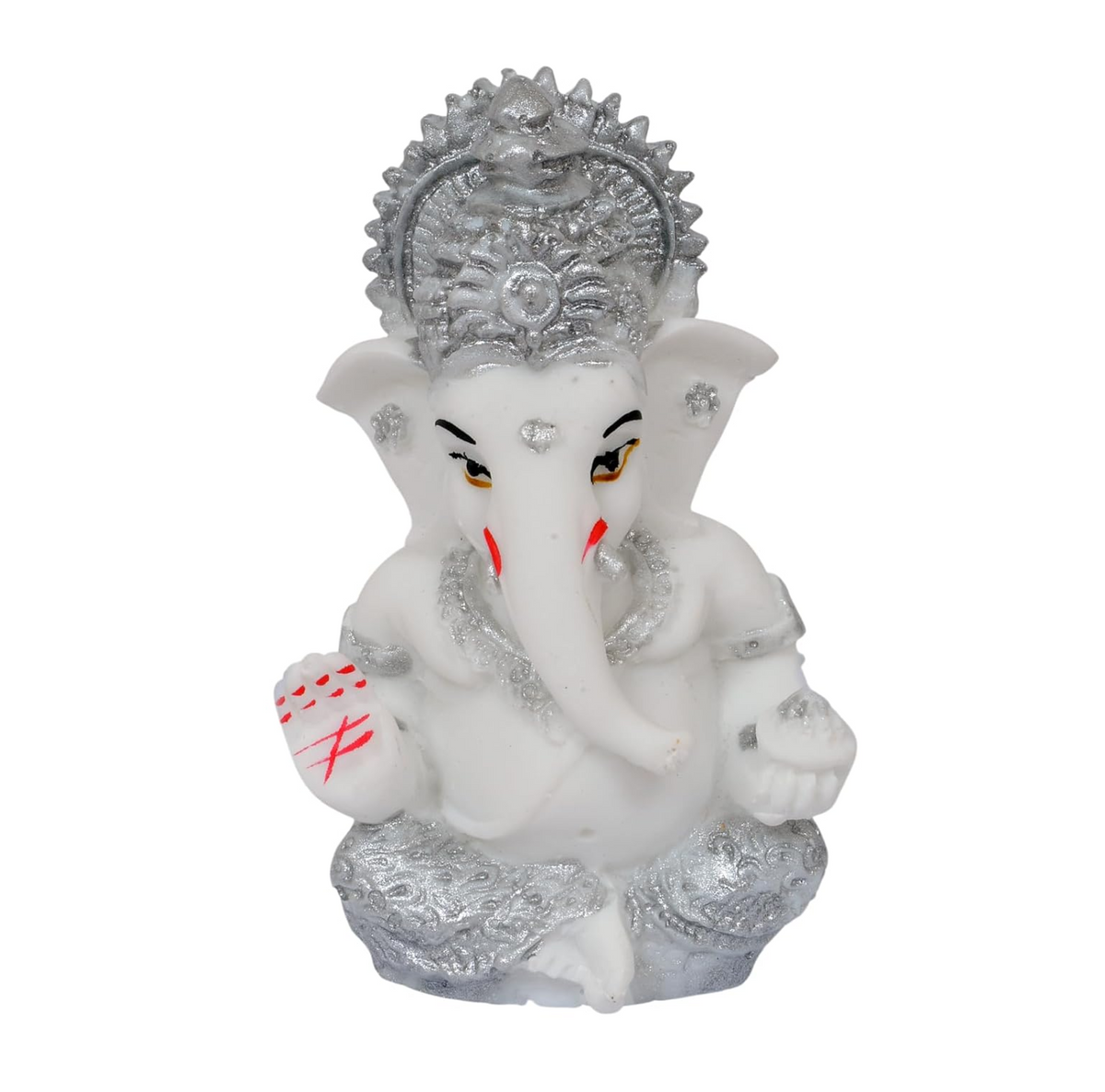 Shimmering White & Silver Ganesha Idol with Decorative Foam Flower – 3.5 Inch Polyresin Ganpati for Car Dashboard, Home & Office – Auspicious Gift for Griha Pravesh & New Car (White & Silver)