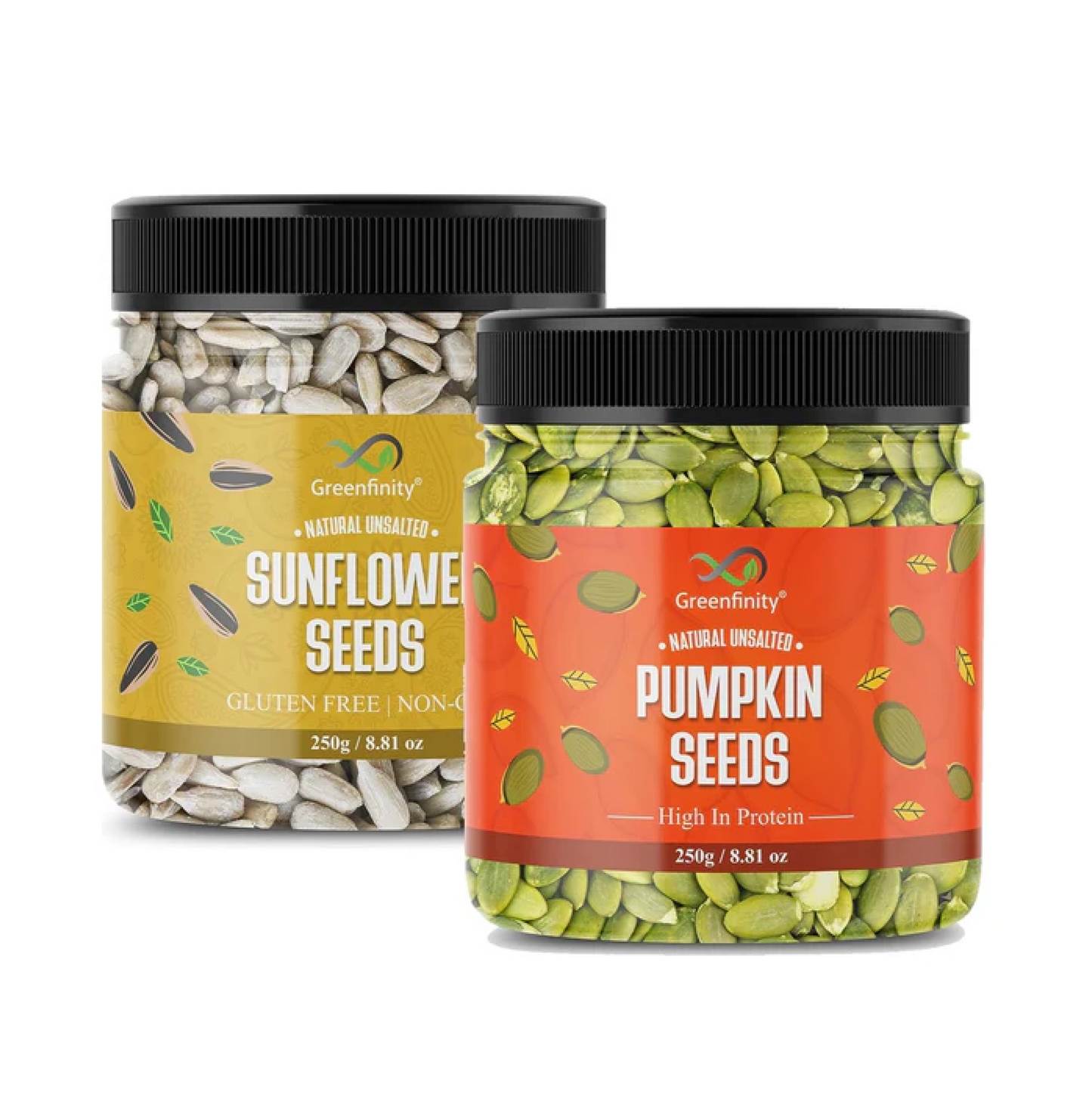 GreenFinity Raw Pumpkin & Sunflower Seeds | Pack of 2 × 250g (500g) | High Protein & Fibre | Unsalted, Healthy Ready-to-Eat Super Seeds | Fresh Jar Pack