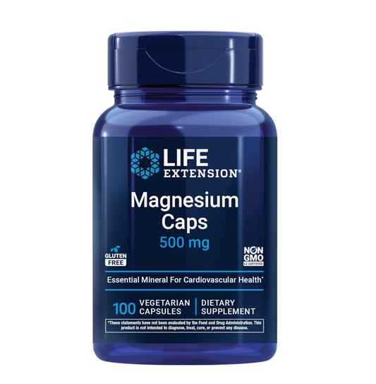Blue bottle of Life Extension Magnesium Caps on a white background