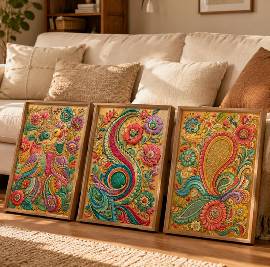 Set of 3 Colorful Peacock Paisley Floral Wall Paintings for Living Room Bedroom Home Decor with Premium Wooden Color Synthetic Frame (13.5 x 19.5 Inch) NM03-78