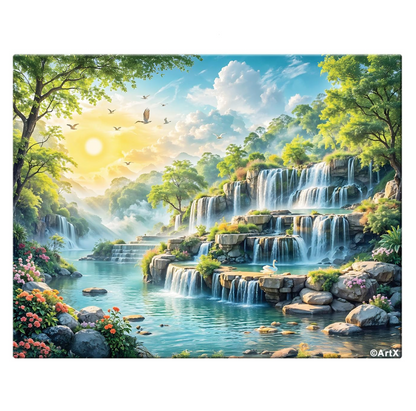 Canvas Step Waterfall Painting Vastu, Big Size Scenery, Water Stream, Mountain Painting Vastu Water Fall, Multicolor, Nature, 58.0 X 45.0 cm, Set of 1