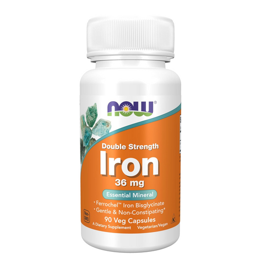 Supplement bottle labeled 'Double Strength Iron 36 mg' by NOW on a white background