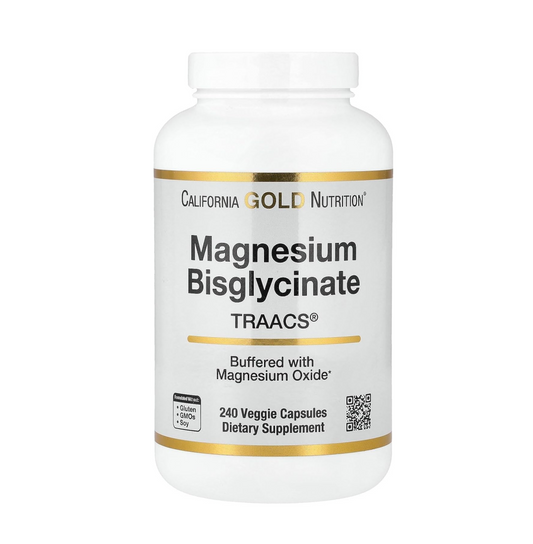 Supplement bottle labeled 'California Gold Nutrition Magnesium Bisglycinate' on a white background