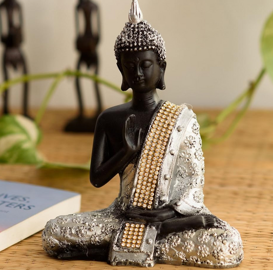 Handcrafted Meditating Lord Buddha Polyresin Idol (15 cm x 7.5 cm x 20 cm, Silver)