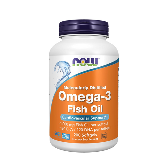 Omega-3 Fish Oil supplement bottle with NOW brand on a white background