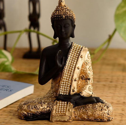 Handcrafted Meditating Lord Buddha Polyresin Idol (15 cm x 7.5 cm x 20 cm, Golden) (MSGB532)