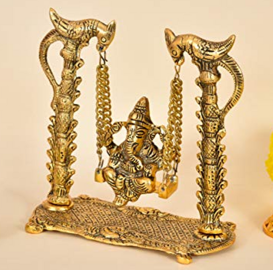 Metal God Ganesh Ganpati on Swing Idol Sculpture Showpiece Home Decor & Office Decoration (Golden)
