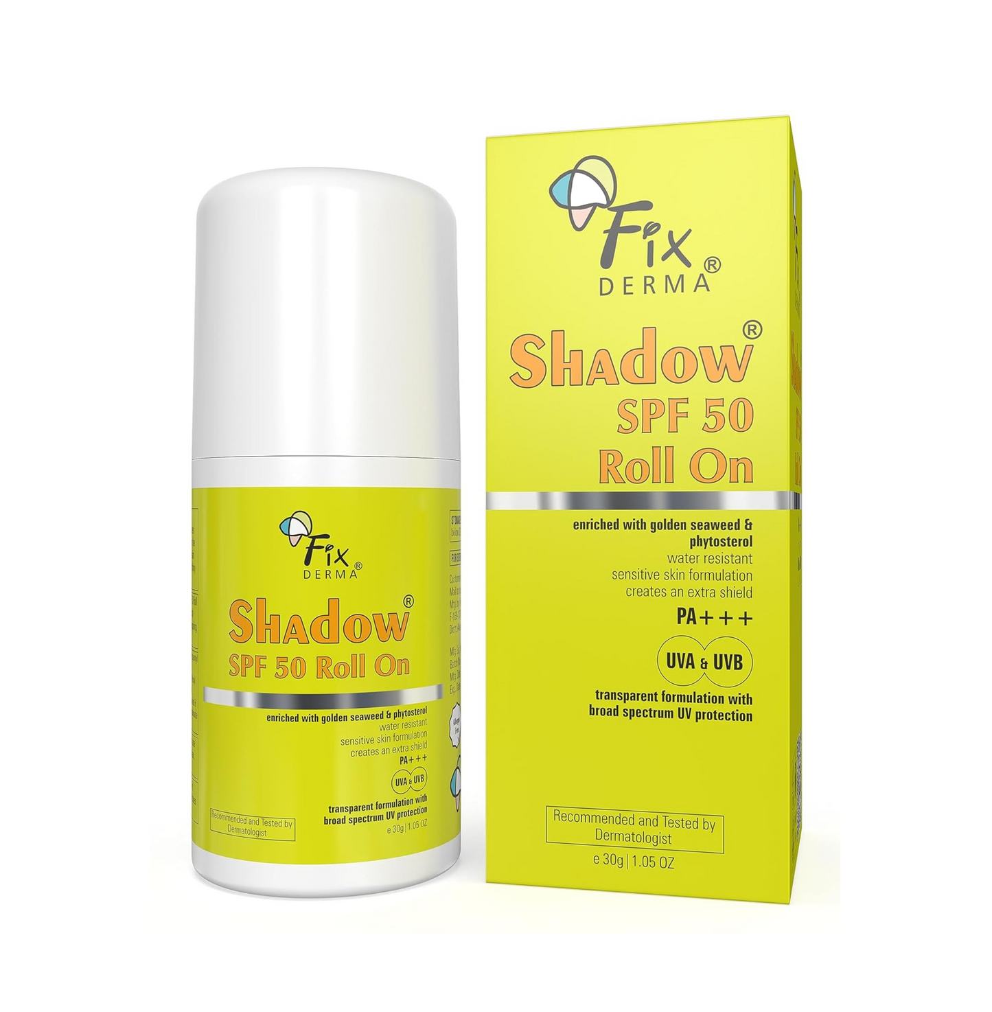 Fixderma Shadow Sunscreen SPF 50 Roll On Pa+++ | Transparent with Broad Spectrum UVA & UVB Protection | Lightweight | Water Resistant | For Sensitive Skin | Sunscreen for Women & Men | 30gm