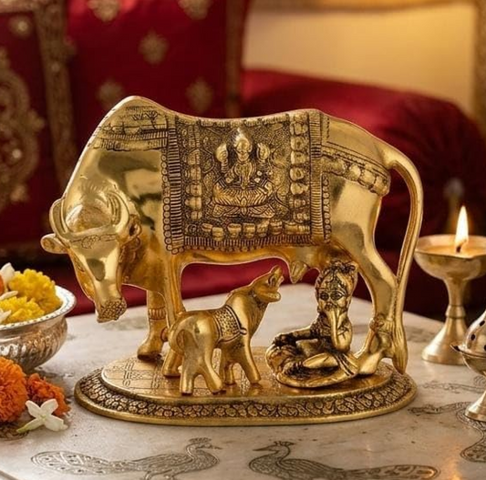 Polyresin Hand Painted Kamdhenu Cow with Calf God Figure Showpiece Decor (Golden, Small Size), 20L x 20W x 29H Centimeters