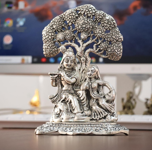 KridayKraft Metal Radha Krishna Idol with Under Tree Decorative Showpiece Statue for Puja Room Home Office Desk Gift Items Ornate Metal Sculpture of Hindu Deities, 18 cm Height Silver