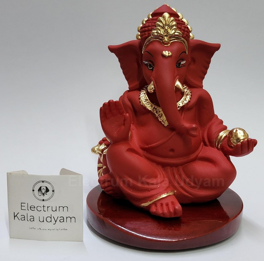 Handcrafted Poly Resin Ganesha Statue with Base - Perfect for Car Dashboard, Office Desk, Shelves, and Home Decor - Ideal Housewarming Gift! (GaddiRedwithbase)