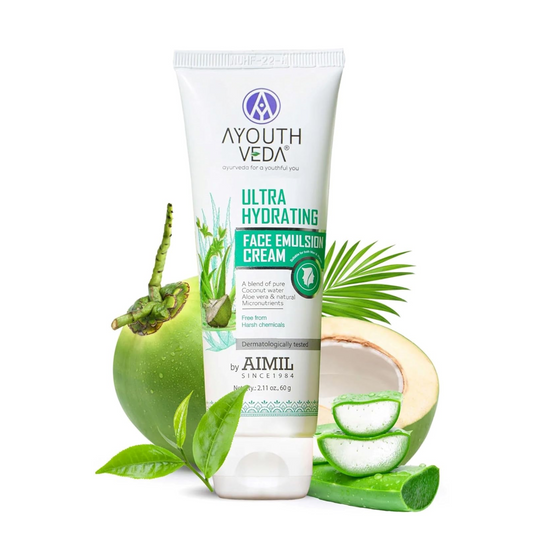 Ayouthveda Ultra Hydrating Face Emulsion Cream | Nature’s Goodness for 24 hours Hydration | Moisturizes, Tones, and Brightens Skin | Prevent Dark spots, Blackheads and Blemishes | With Coconut Water, Aloe Vera, and Green Tea - (Pack Of 1; 60G)