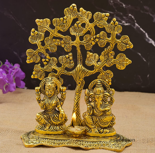 Metal Handicraft Laxmi Ganesh Idol with Tree and Diya for Puja Home Mandir Temple and Decorative Showpiece for Home Decor Living Drawing Bed Room Office Shop Decorative and Gifts