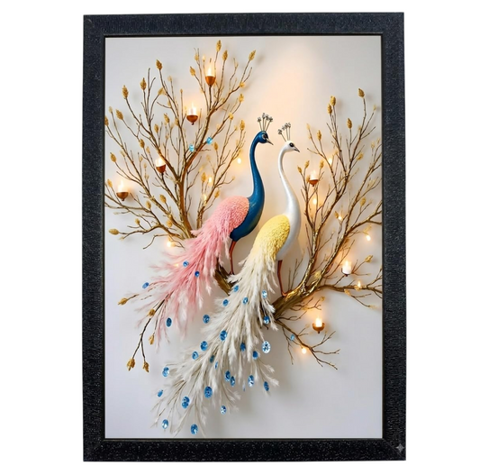 2 peacock Bird Love Painting Hanging Photo Frame Decorative Item for Living Room, Bedroom, Home Decor and Wall Decoration, Paper, With Acrylic Glass SIZE 9 ×12 INCH