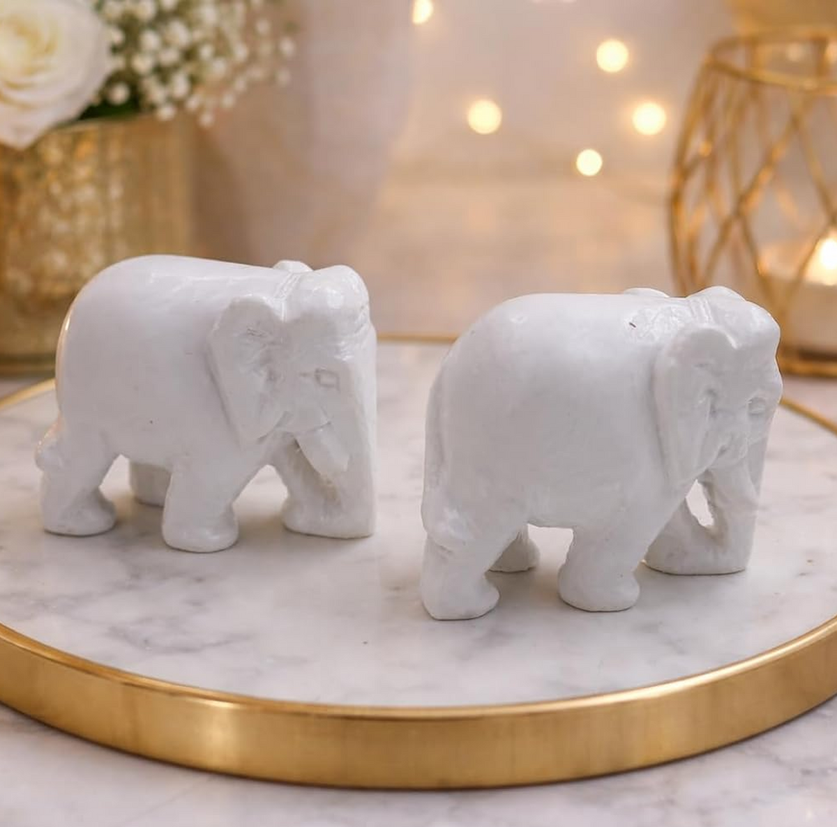 Marble Dust White Elephant Pair | Handmade Elephant Statue | Home Decor Showpiece | Pooja Vastu Feng Shui Lucky Gift Item | 6 cm | Set of 2