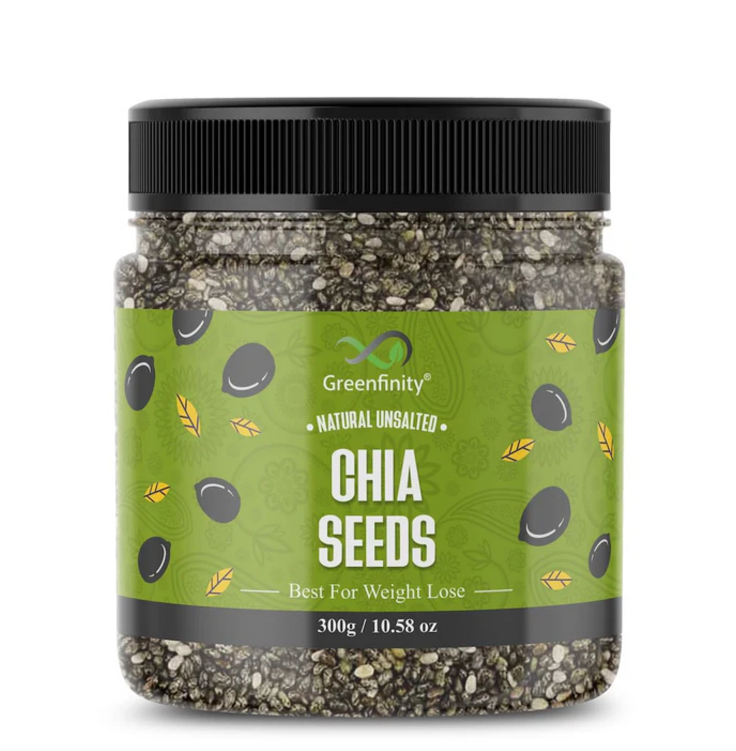 GreenFinity Chia Seeds 300g | Omega-3 clean chia Seeds for Eating | Rich in Calcium, Protein & Fiber, Omega 3 and Antioxidant | Healthy Snacks |