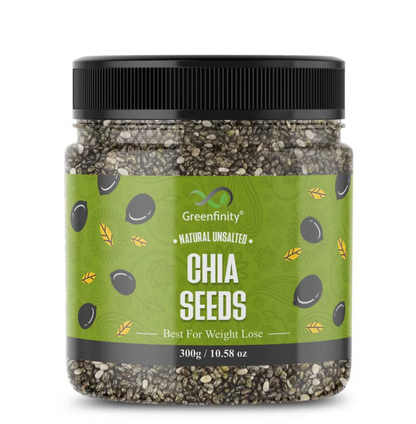 GreenFinity Chia Seeds 300g | Omega-3 clean chia Seeds for Eating | Rich in Calcium, Protein & Fiber, Omega 3 and Antioxidant | Healthy Snacks |