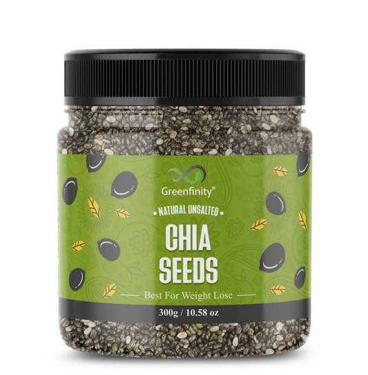 GreenFinity Chia Seeds 300g | Omega-3 clean chia Seeds for Eating | Rich in Calcium, Protein & Fiber, Omega 3 and Antioxidant | Healthy Snacks |