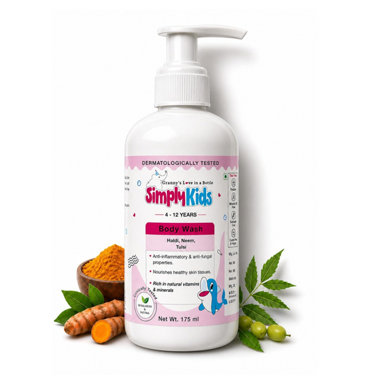 Simply Kids Body Wash for 4-12 Years | Aloe Vera, Grapeseed & Neem | Gentle, Hydrating & Nourishing | Soothes & Protects Skin | Hypoallergenic | Antibacterial & Antifungal | Dermatologically Tested | All Skin Types | 175ml