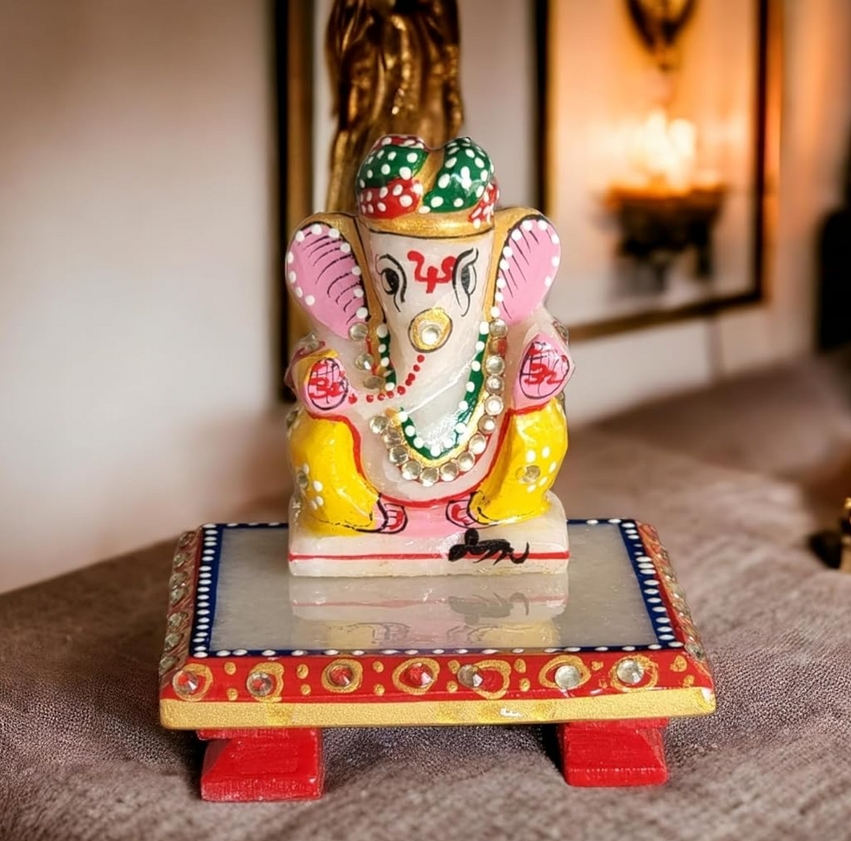 3-Inch Makrana Marble Ganesh Idol with Marble Chowki for Home Décor | Handpainted Ganesha Murti for Temple | Ganesha Figurine Sculpture for Office (3-Inch Ganesh, 4x4x1 Inches Chowki)
