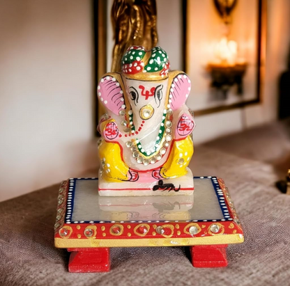 3-Inch Makrana Marble Ganesh Idol with Marble Chowki for Home Décor | Handpainted Ganesha Murti for Temple | Ganesha Figurine Sculpture for Office (3-Inch Ganesh, 4x4x1 Inches Chowki)