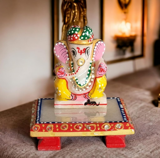 3-Inch Makrana Marble Ganesh Idol with Marble Chowki for Home Décor | Handpainted Ganesha Murti for Temple | Ganesha Figurine Sculpture for Office (3-Inch Ganesh, 4x4x1 Inches Chowki)