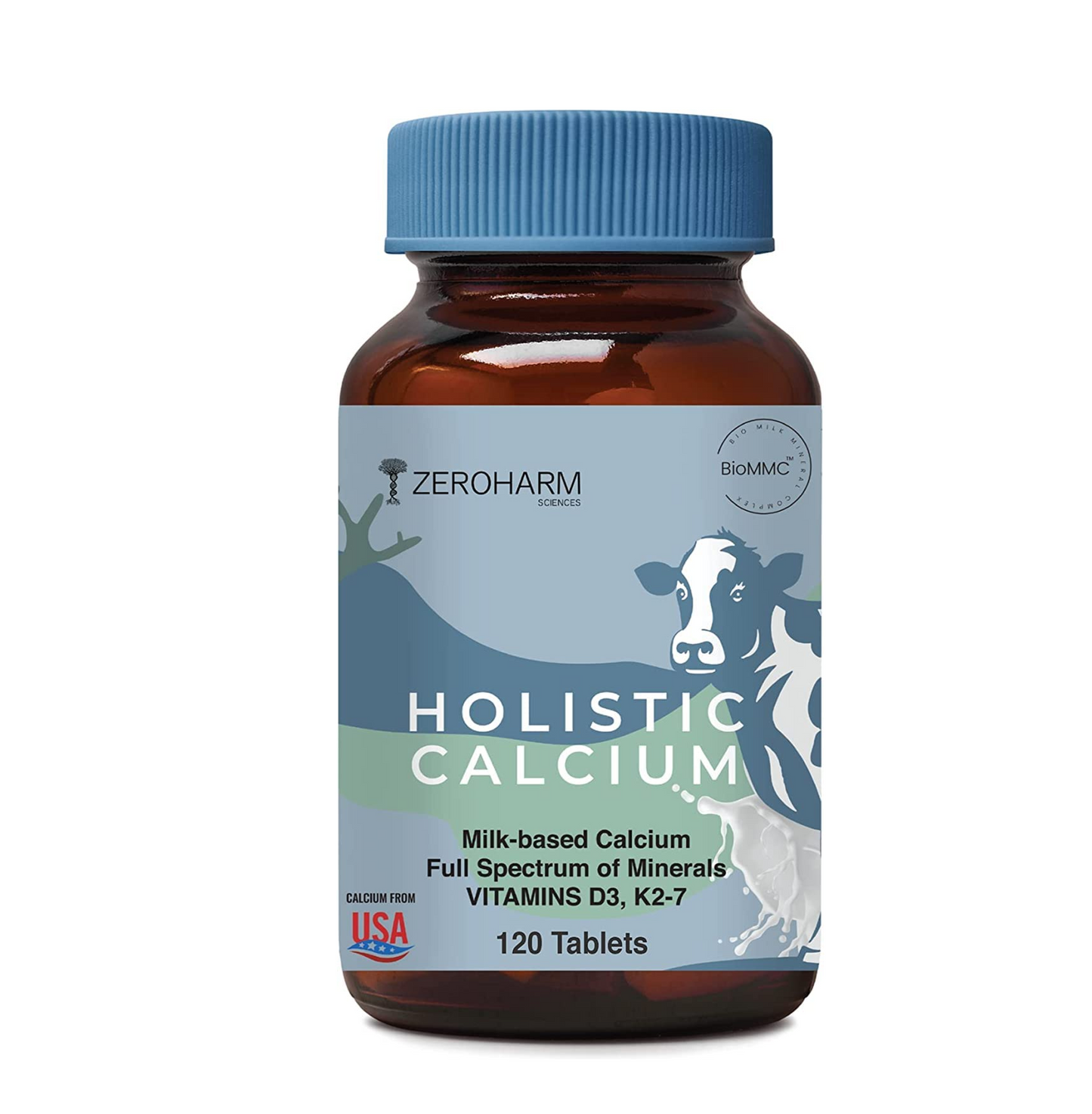 ZEROHARM Holistic Calcium Tablets – High Absorbption Milk-Based Calcium Supplement with Vitamin D3, K2-7, Magnesium, Phosphorous – Supports Bone Strength & Joint Health For Men & Women – 120 Tablets