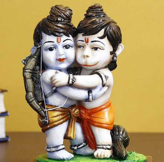 Handcrafted Polyresin Lord Ram Hugging Lord Hanuman Idol - Auspicious Religious Statue for Devotees and Spiritual Seekers - Ideal for Home, Office, Or Temple Decor