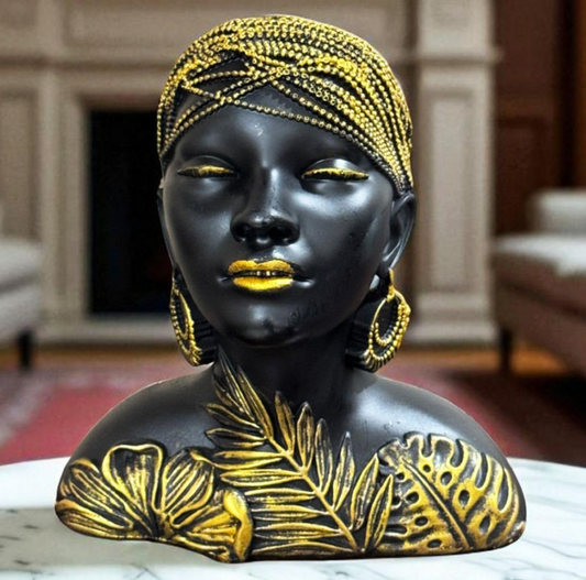 Black & Gold Tribal Leaf Lady Bust 19cm Polyresin African Woman Figurine | Elegant Table-Top Decorative Showpiece for Living-Room Office Desk Shelf & Gift Collectible Decorative Showpiece